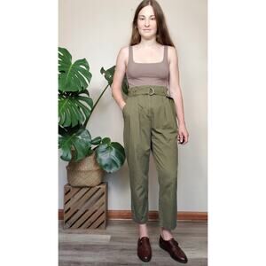 Forever 21 Olive Green High Rise Paperbag Belted Chino Trousers Small